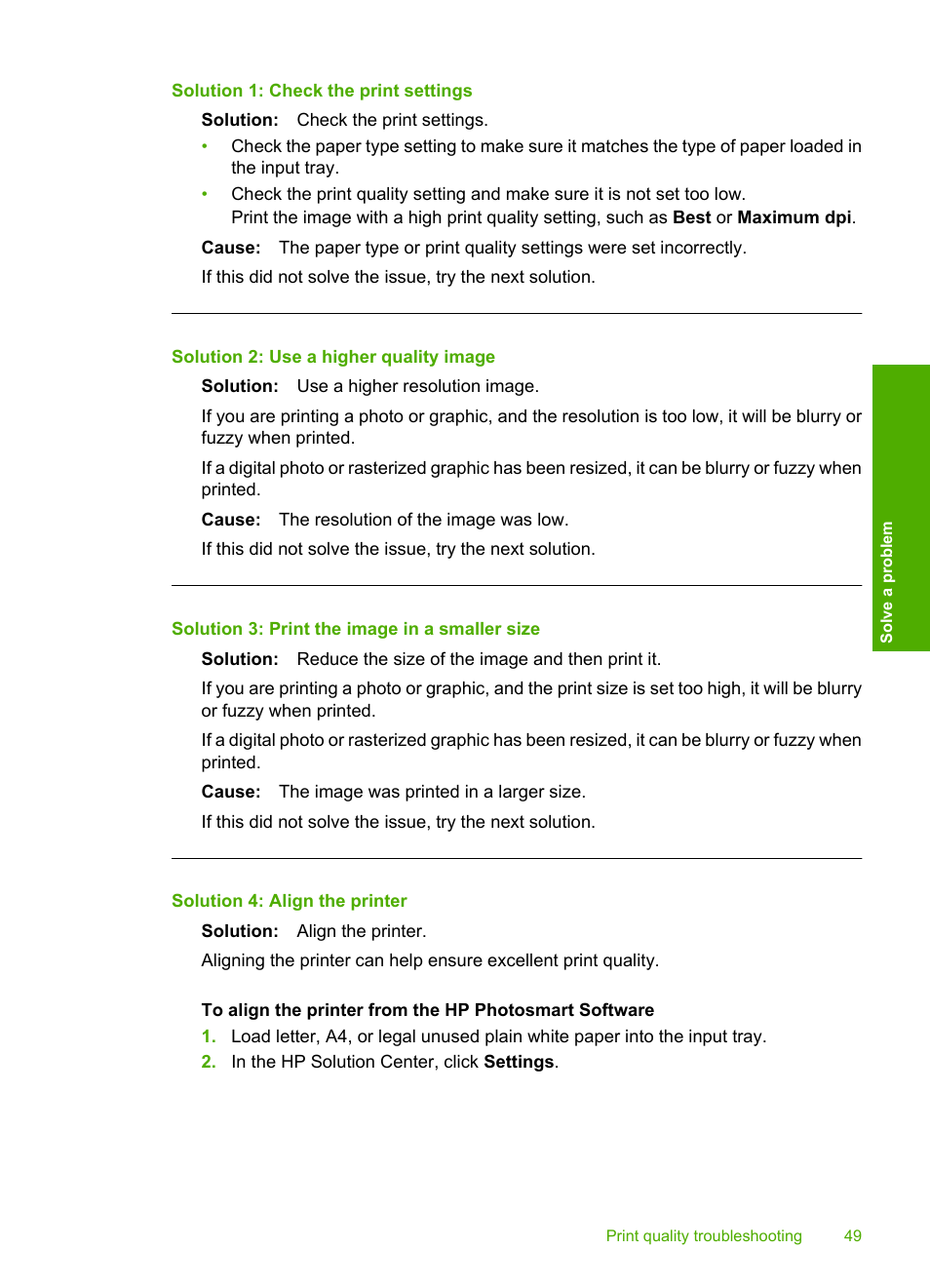 Solution 1: check the print settings, Solution 2: use a higher quality image, Solution 3: print the image in a smaller size | Solution 4: align the printer | HP Deskjet D2680 Printer User Manual | Page 51 / 88