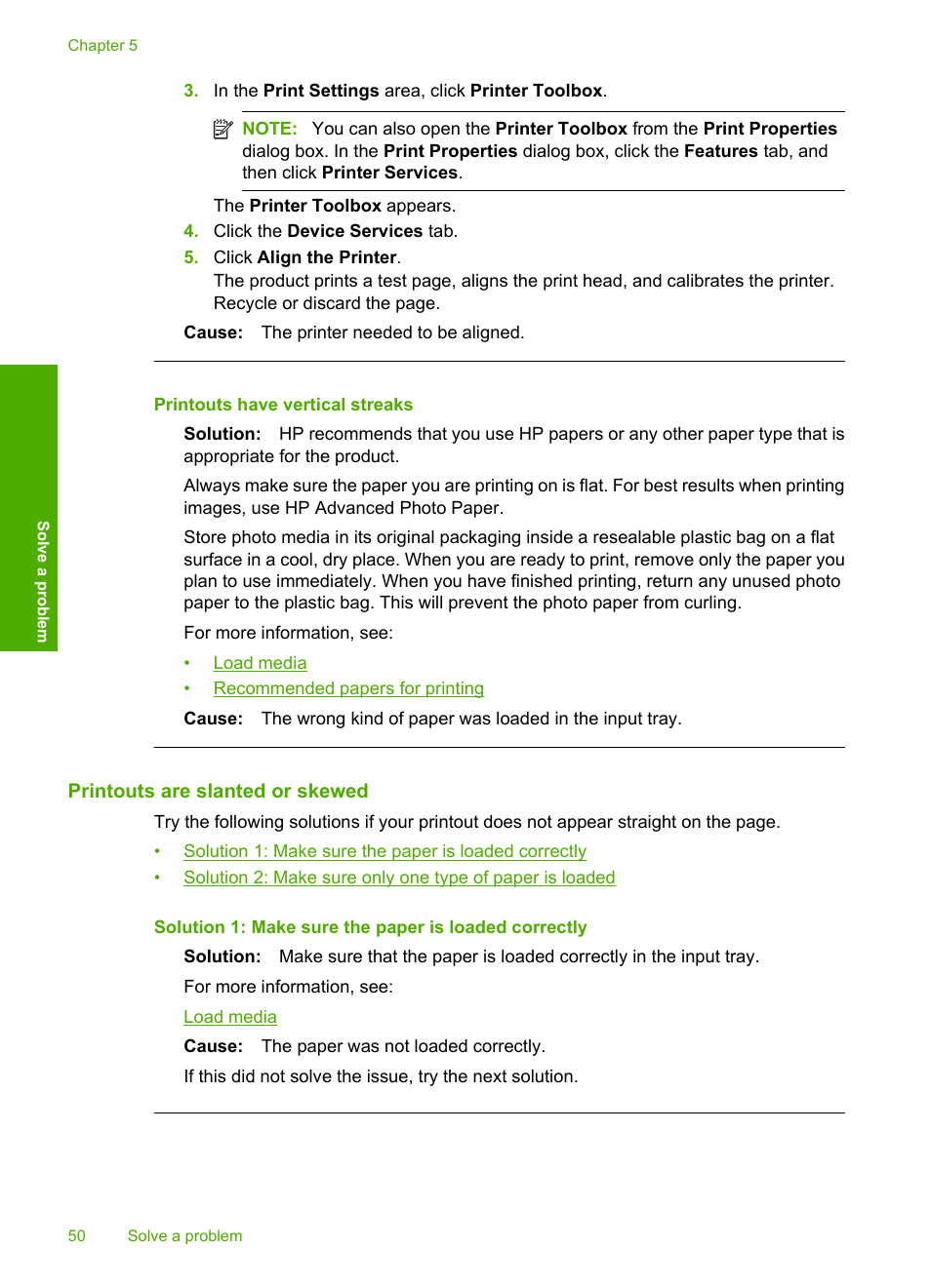 Printouts are slanted or skewed, Printouts have vertical streaks | HP Deskjet D2680 Printer User Manual | Page 52 / 88