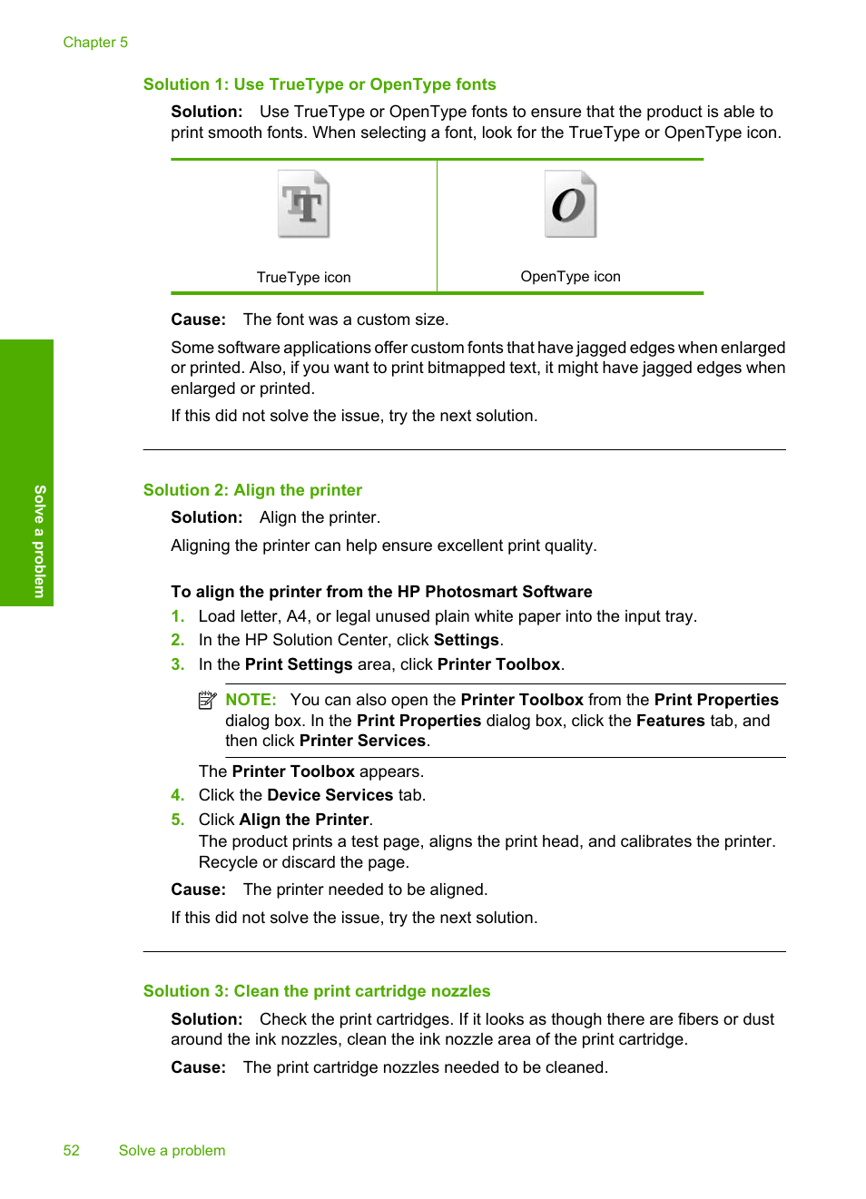 Solution 1: use truetype or opentype fonts, Solution 2: align the printer, Solution 3: clean the print cartridge nozzles | HP Deskjet D2680 Printer User Manual | Page 54 / 88