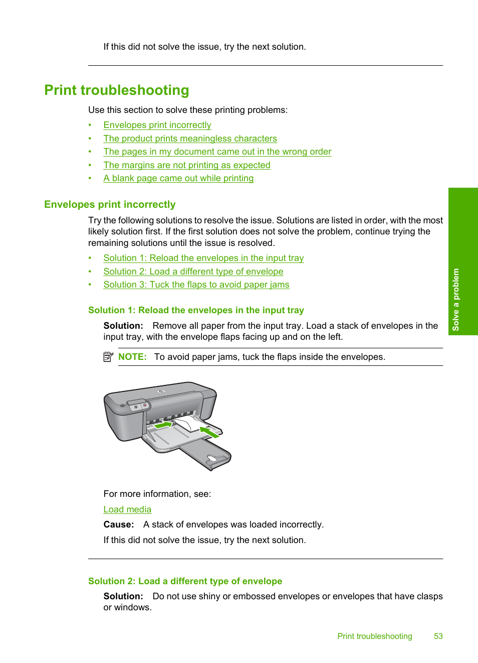 Print troubleshooting, Envelopes print incorrectly | HP Deskjet D2680 Printer User Manual | Page 55 / 88