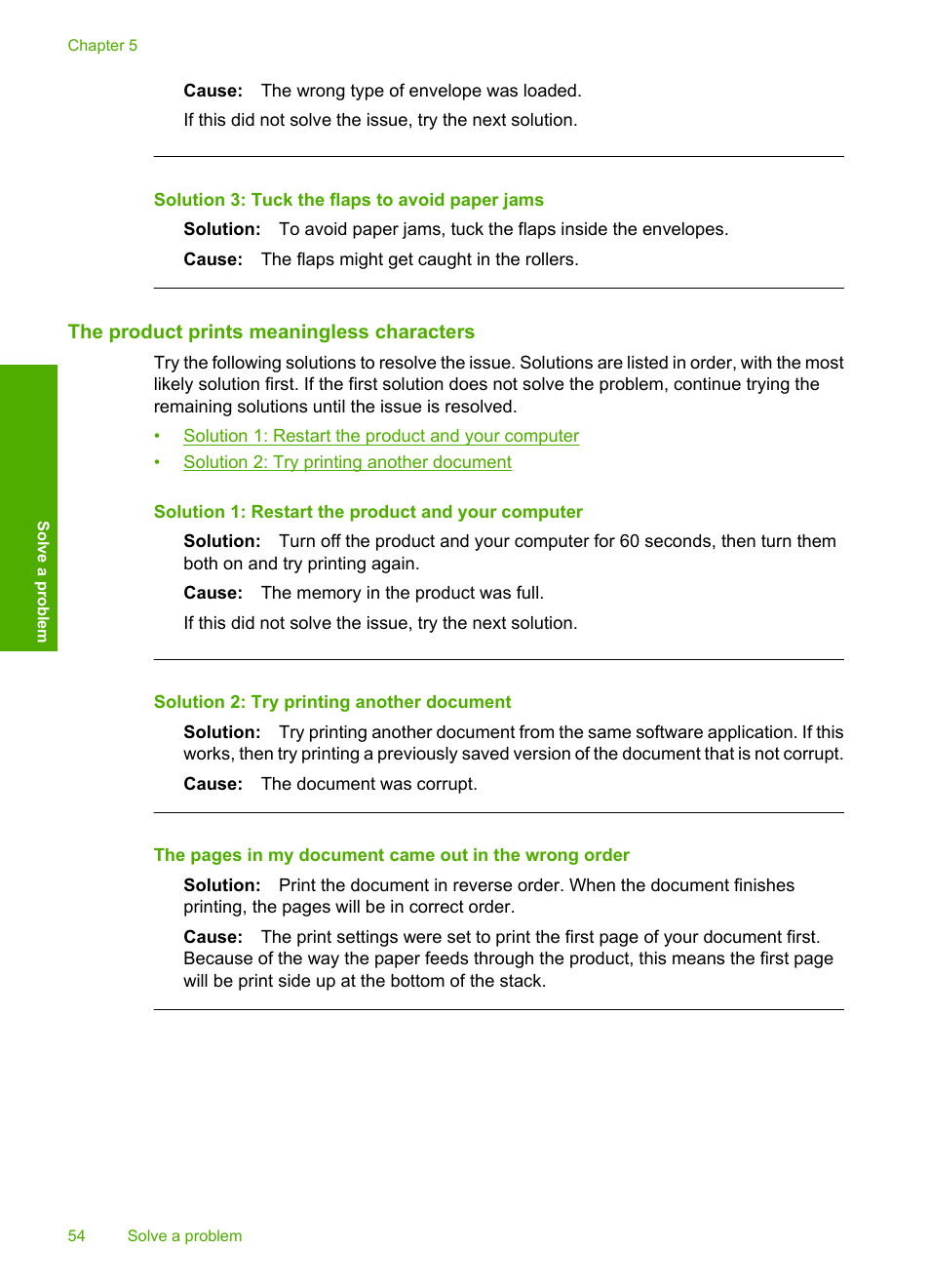 The product prints meaningless characters, Solution 3: tuck the flaps to avoid paper jams | HP Deskjet D2680 Printer User Manual | Page 56 / 88