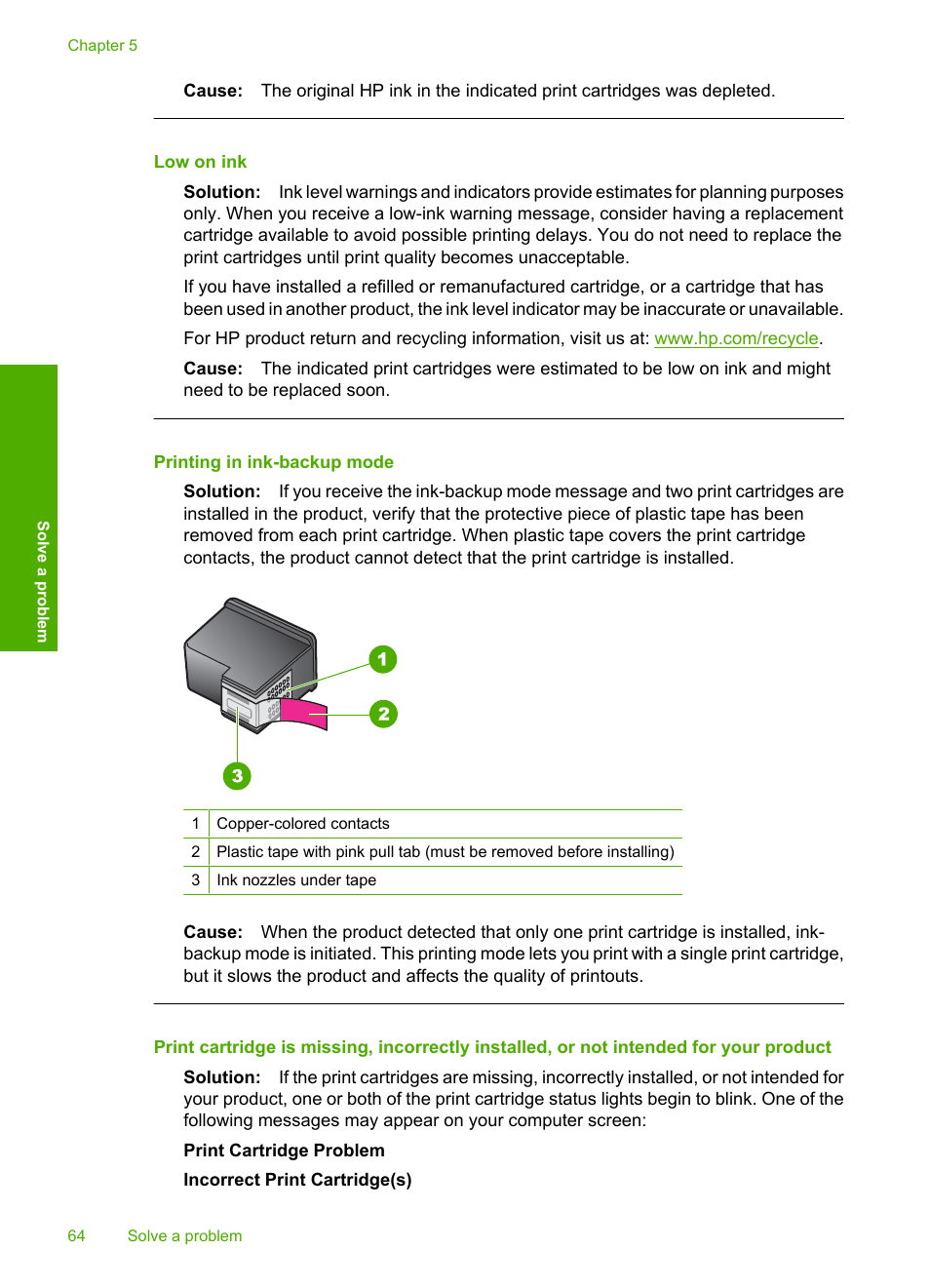 Printing in ink, Backup mode, Printing in ink- backup mode | Low on ink, Printing in ink-backup mode | HP Deskjet D2680 Printer User Manual | Page 66 / 88