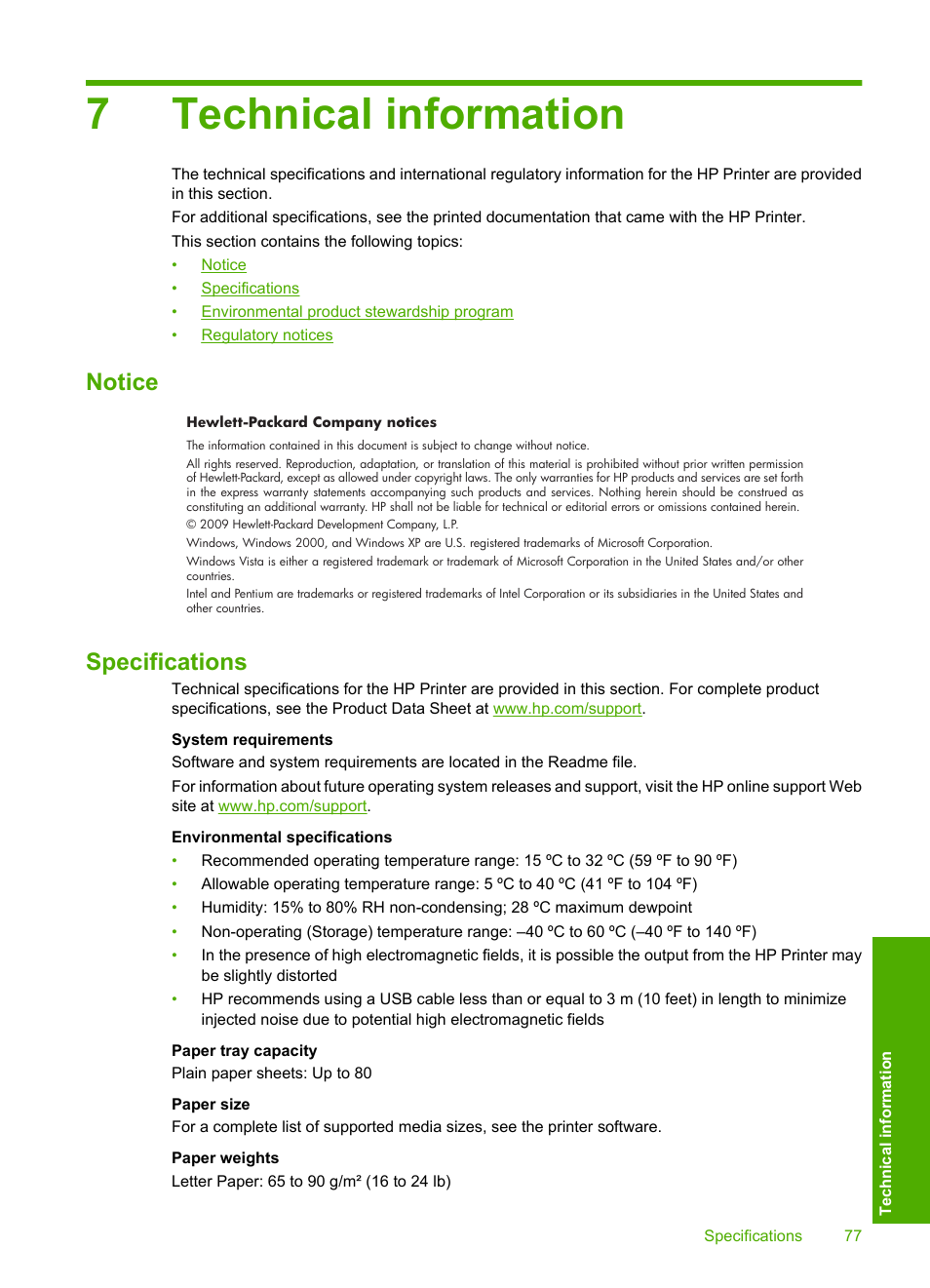 Technical information, Notice, Specifications | 7 technical information, Notice specifications, 7technical information | HP Deskjet D2680 Printer User Manual | Page 79 / 88