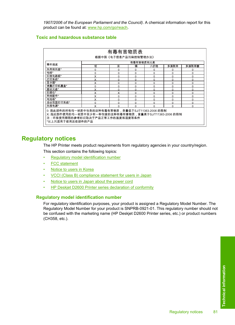 Toxic and hazardous substance table, Regulatory notices, Regulatory model identification number | HP Deskjet D2680 Printer User Manual | Page 83 / 88