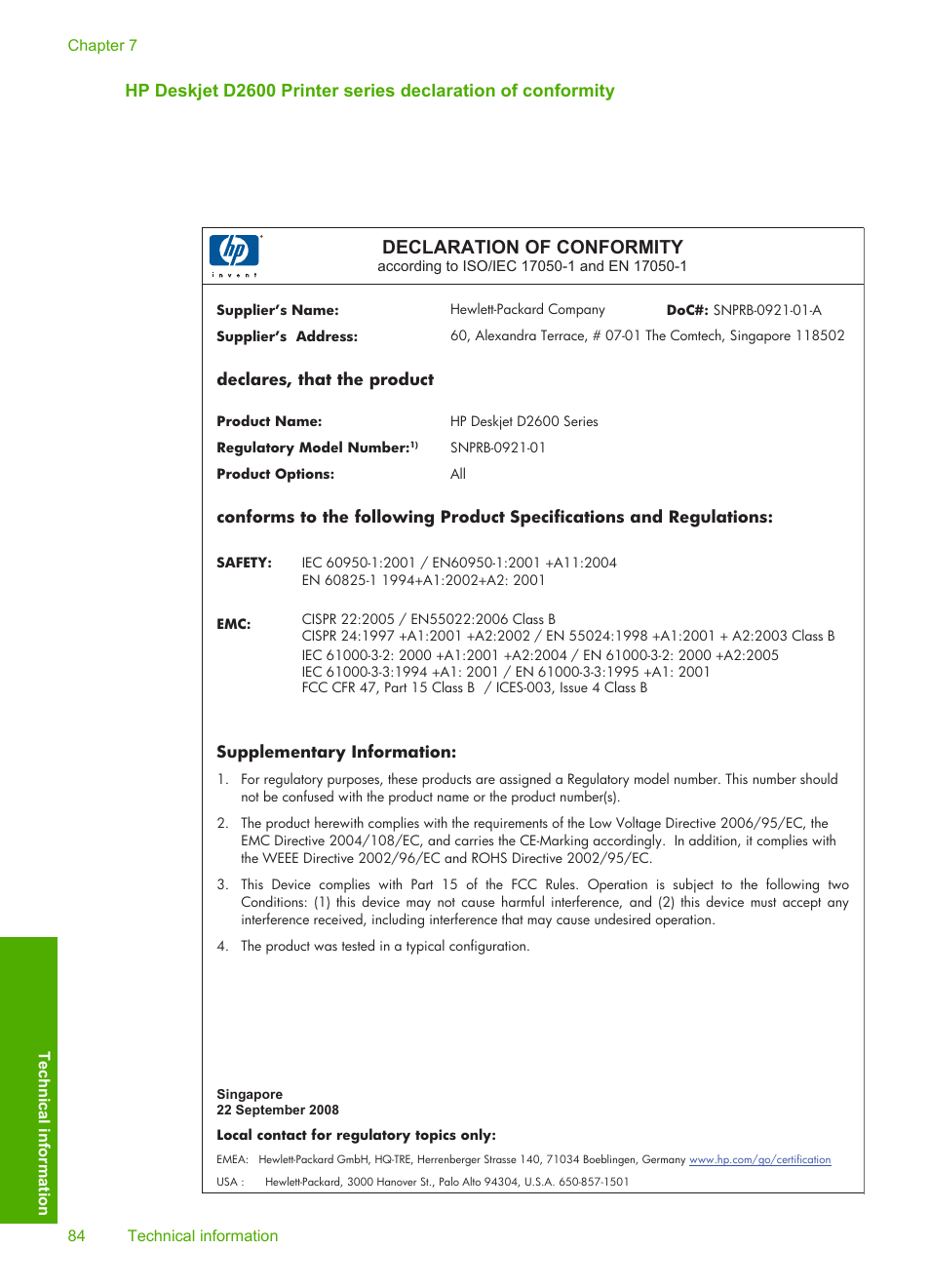 Declaration of conformity | HP Deskjet D2680 Printer User Manual | Page 86 / 88