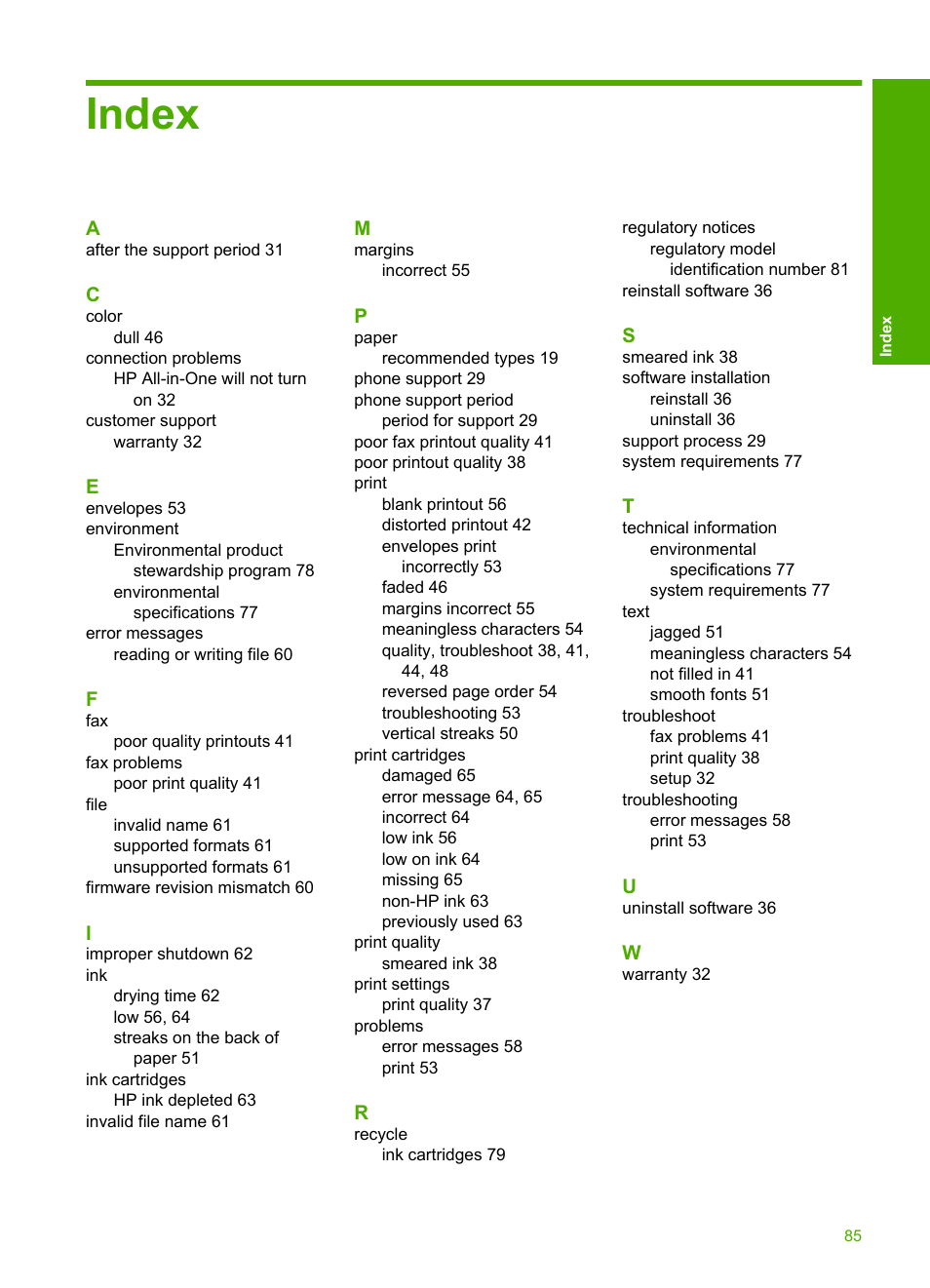 Index | HP Deskjet D2680 Printer User Manual | Page 87 / 88
