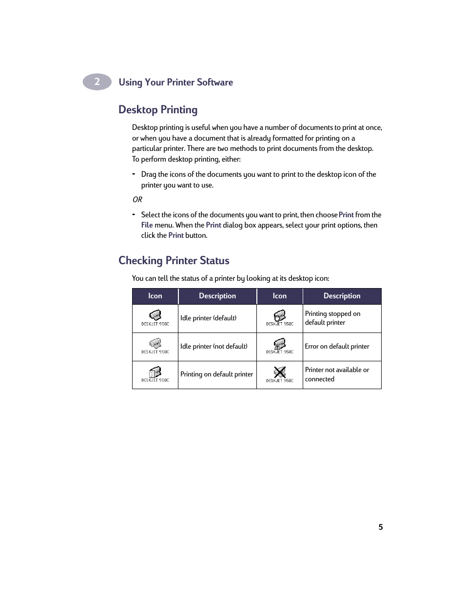 Desktop printing, Checking printer status, Desktop printing checking printer status | HP Deskjet 950c Printer User Manual | Page 12 / 73