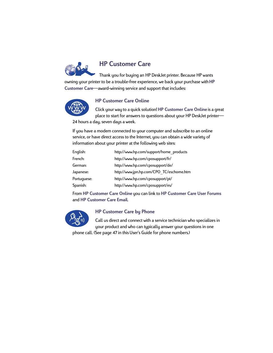 Hp customer care | HP Deskjet 950c Printer User Manual | Page 2 / 73