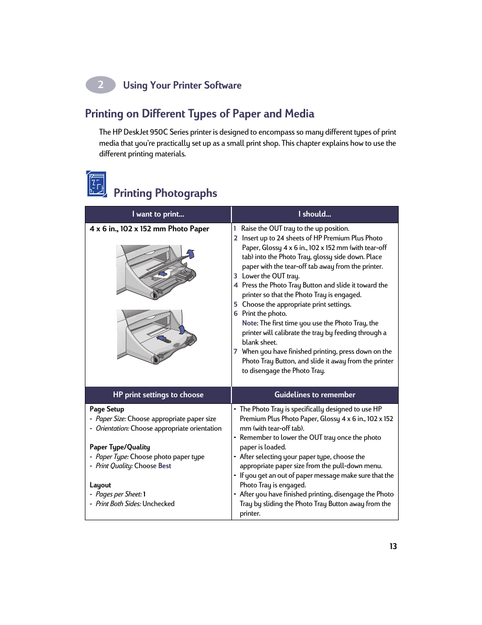 Printing on different types of paper and media, Printing photographs, Using your printer software | HP Deskjet 950c Printer User Manual | Page 20 / 73