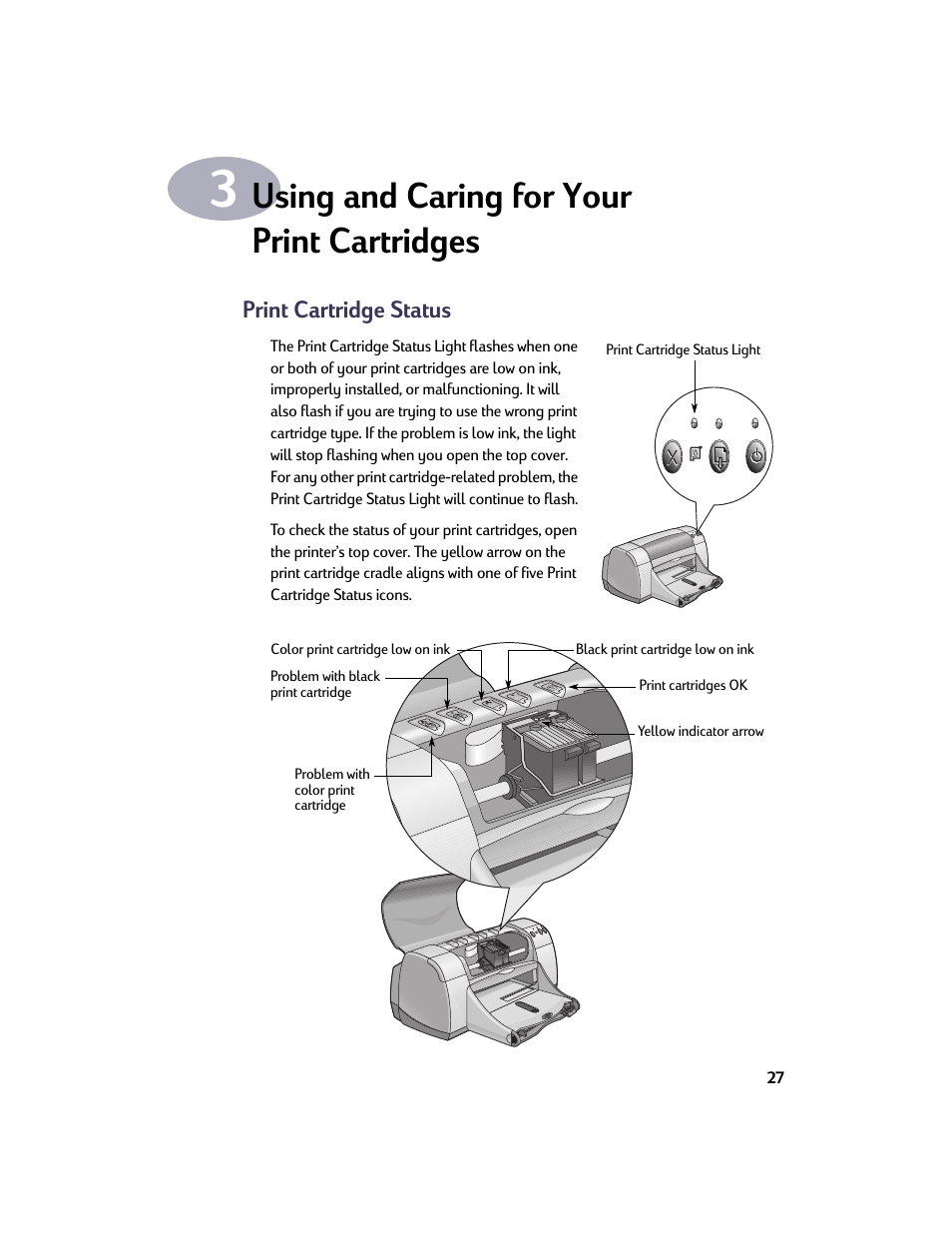 Using and caring for your print cartridges, Print cartridge status | HP Deskjet 950c Printer User Manual | Page 34 / 73