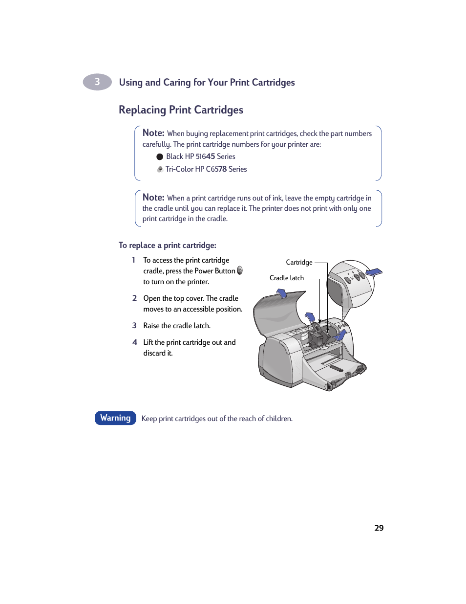 Replacing print cartridges | HP Deskjet 950c Printer User Manual | Page 36 / 73