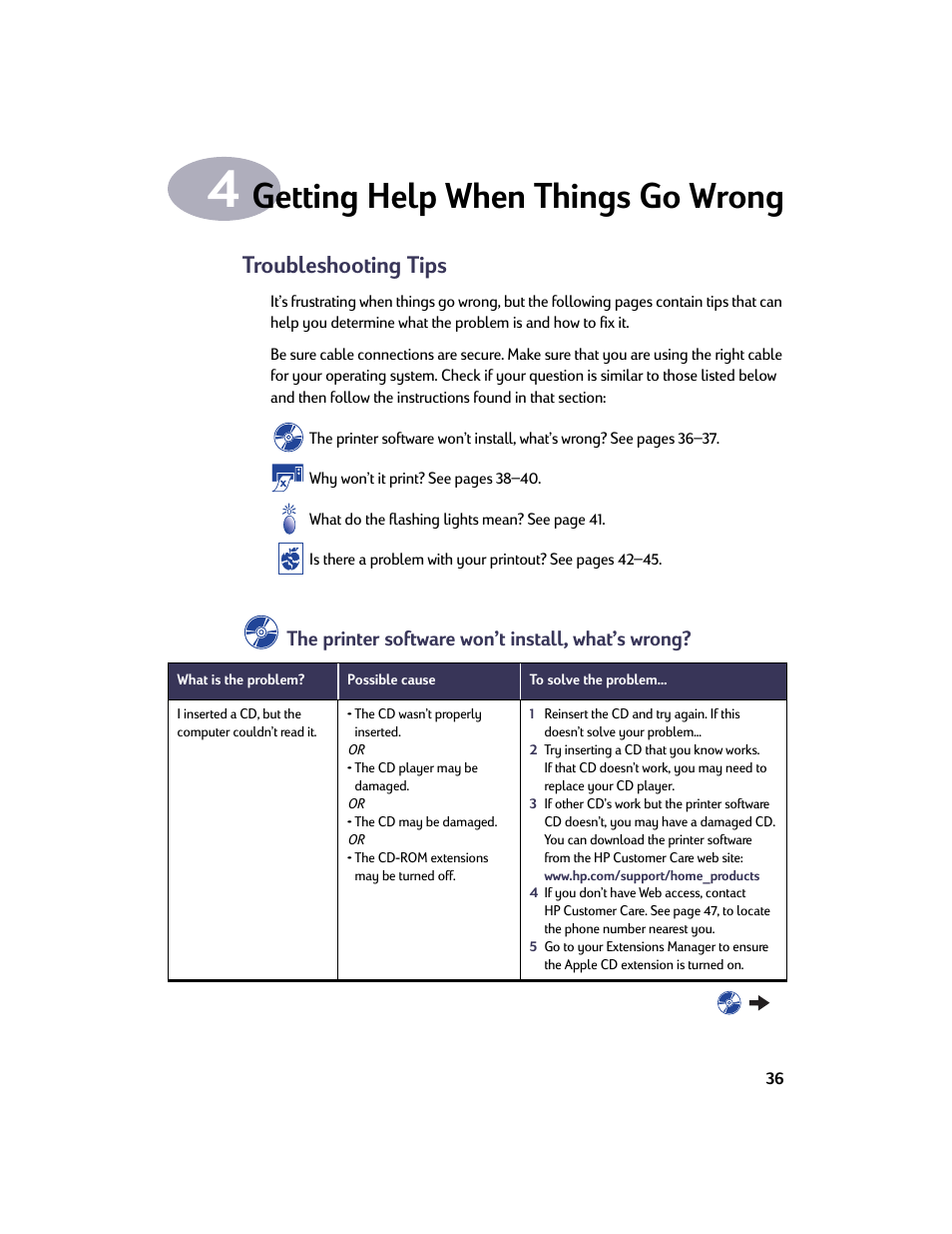 Getting help when things go wrong, Troubleshooting tips, Chapter 4 getting help when things go wrong | HP Deskjet 950c Printer User Manual | Page 43 / 73