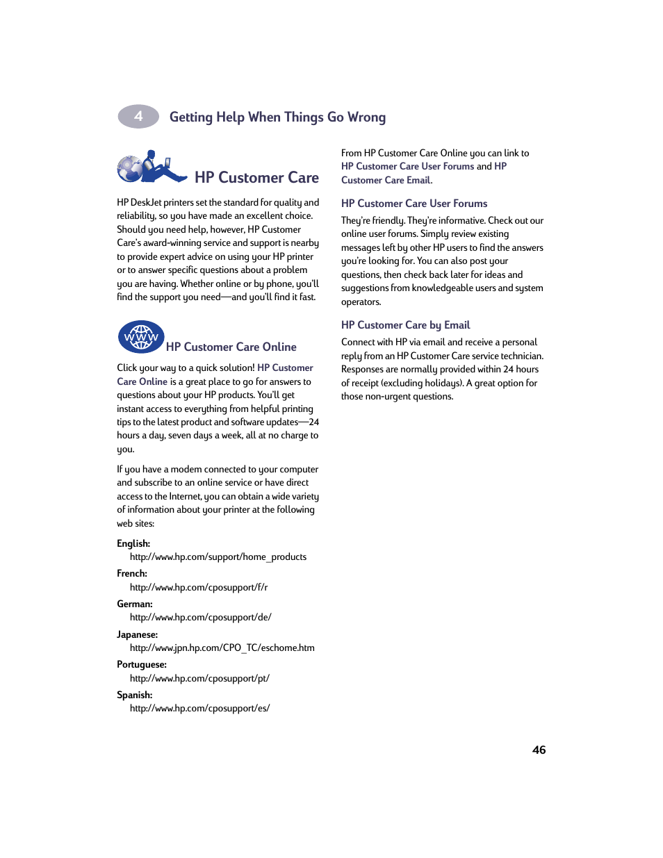 Hp customer care, Getting help when things go wrong | HP Deskjet 950c Printer User Manual | Page 53 / 73