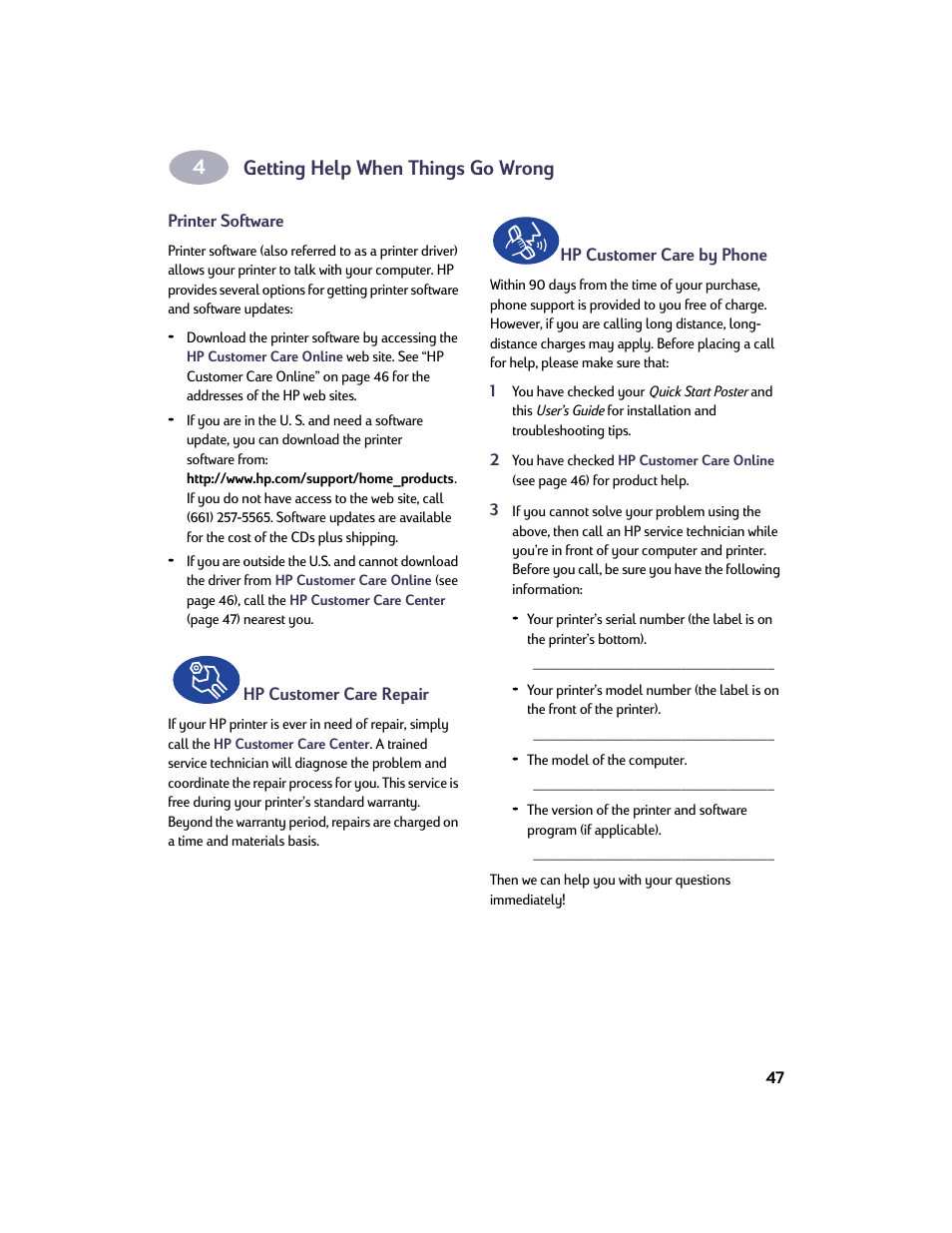 Getting help when things go wrong | HP Deskjet 950c Printer User Manual | Page 54 / 73
