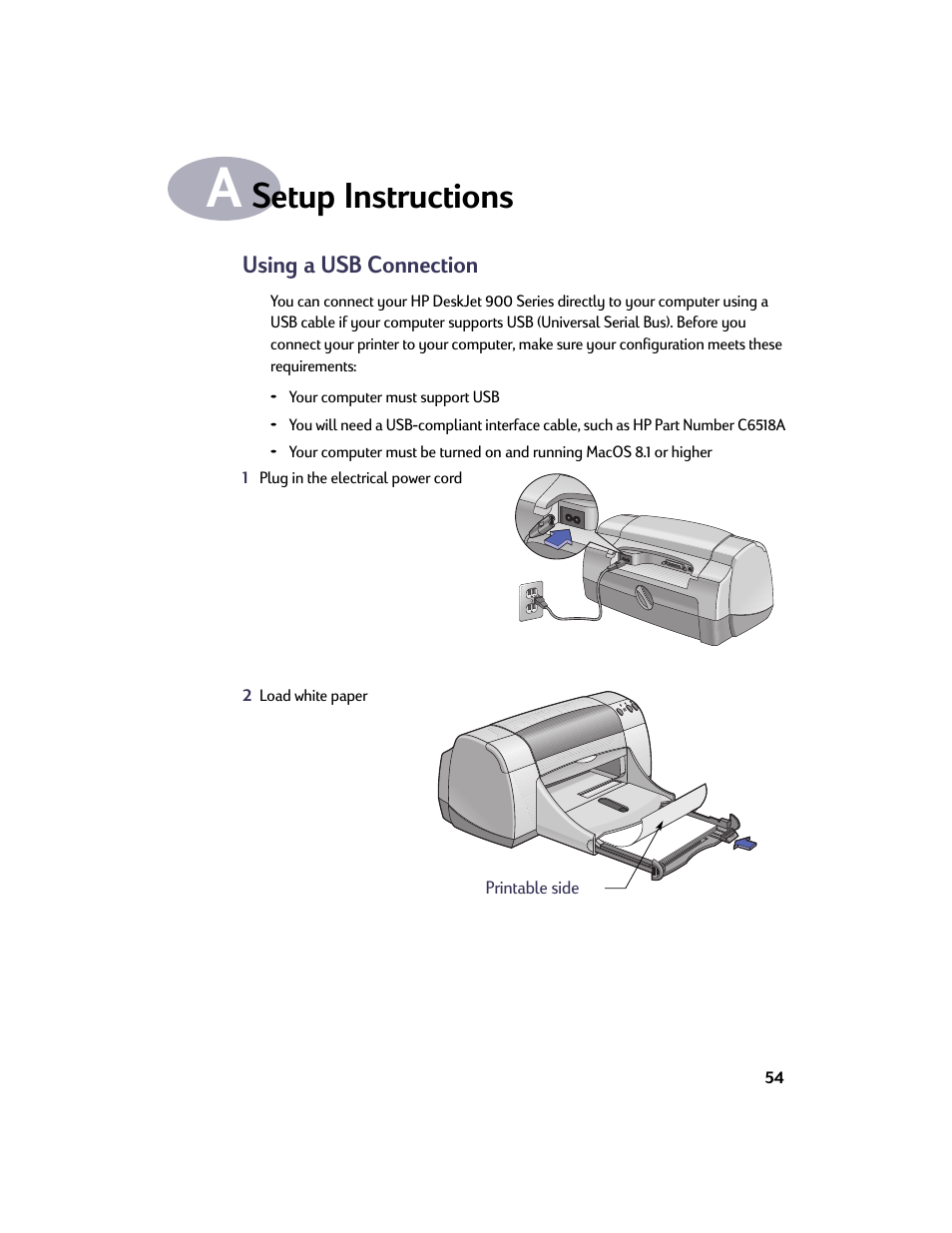 Setup instructions, Using a usb connection, Appendix a setup instructions | HP Deskjet 950c Printer User Manual | Page 61 / 73