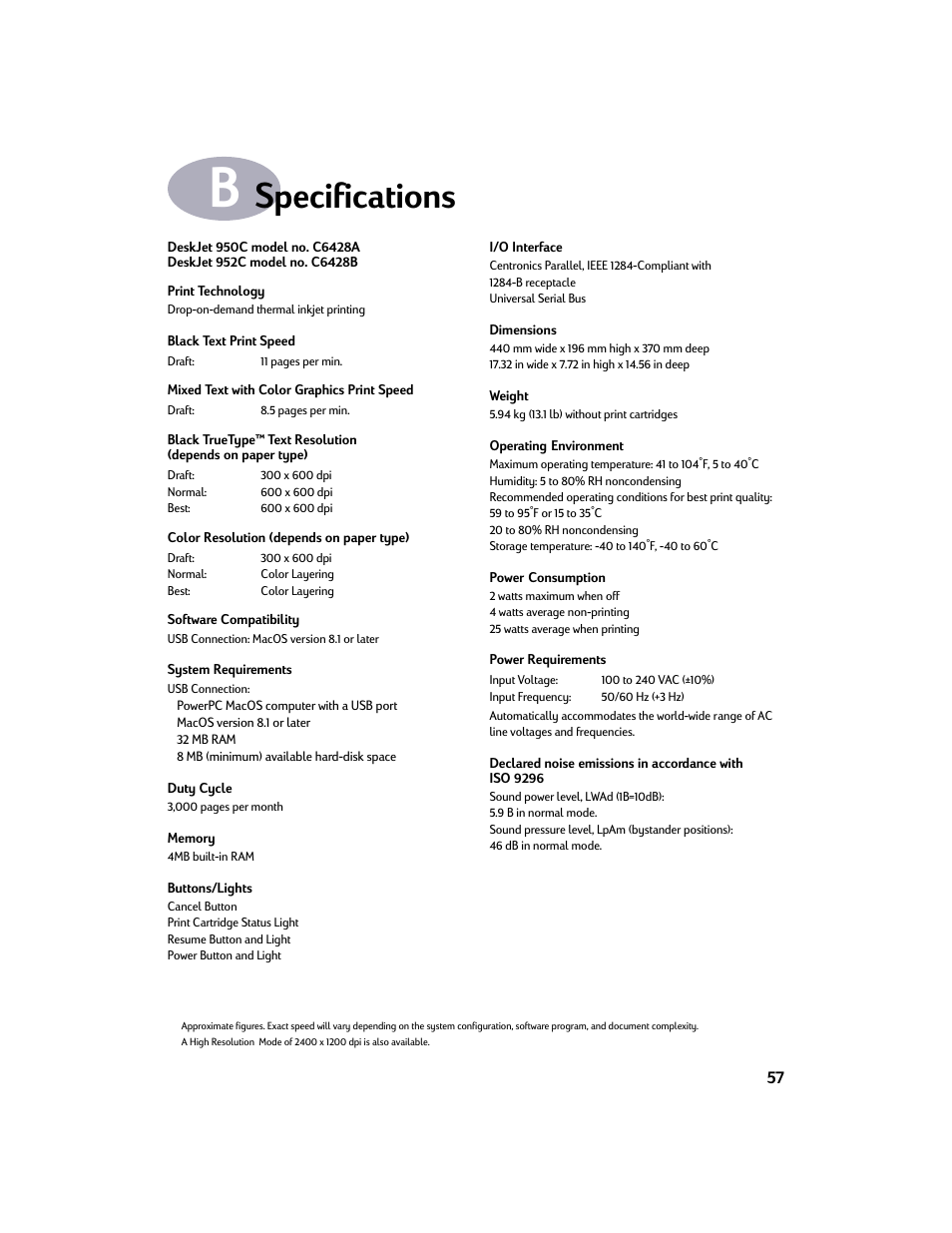 Specifications, Appendix b specifications | HP Deskjet 950c Printer User Manual | Page 64 / 73