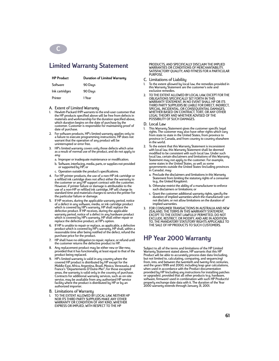 Limited warranty statement, Limited warranty statement hp year 2000 warranty, Hp year 2000 warranty | HP Deskjet 950c Printer User Manual | Page 68 / 73