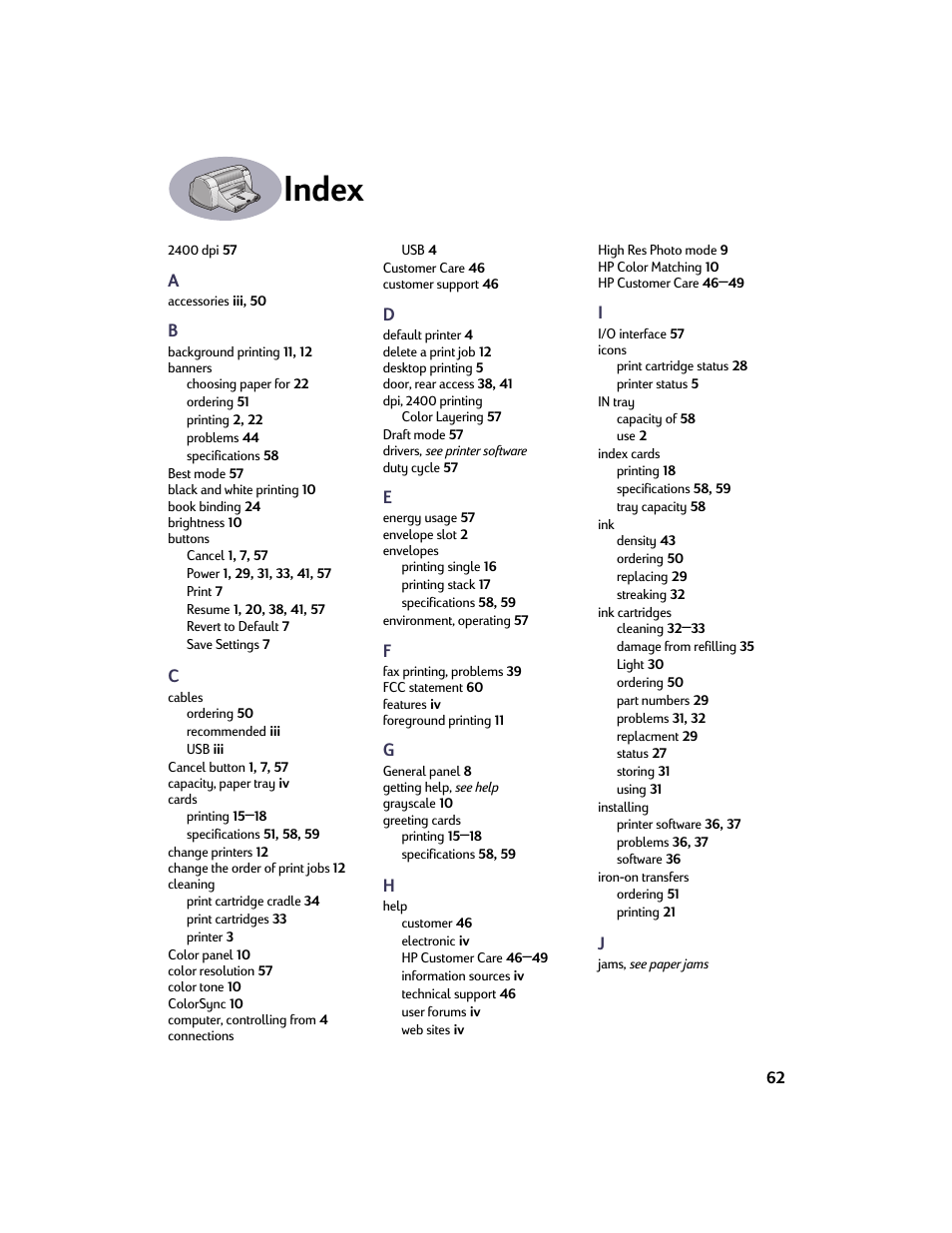 Index | HP Deskjet 950c Printer User Manual | Page 69 / 73