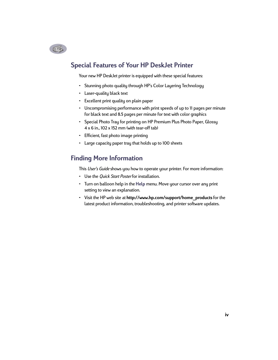 Special features of your hp deskjet printer, Finding more information | HP Deskjet 950c Printer User Manual | Page 7 / 73