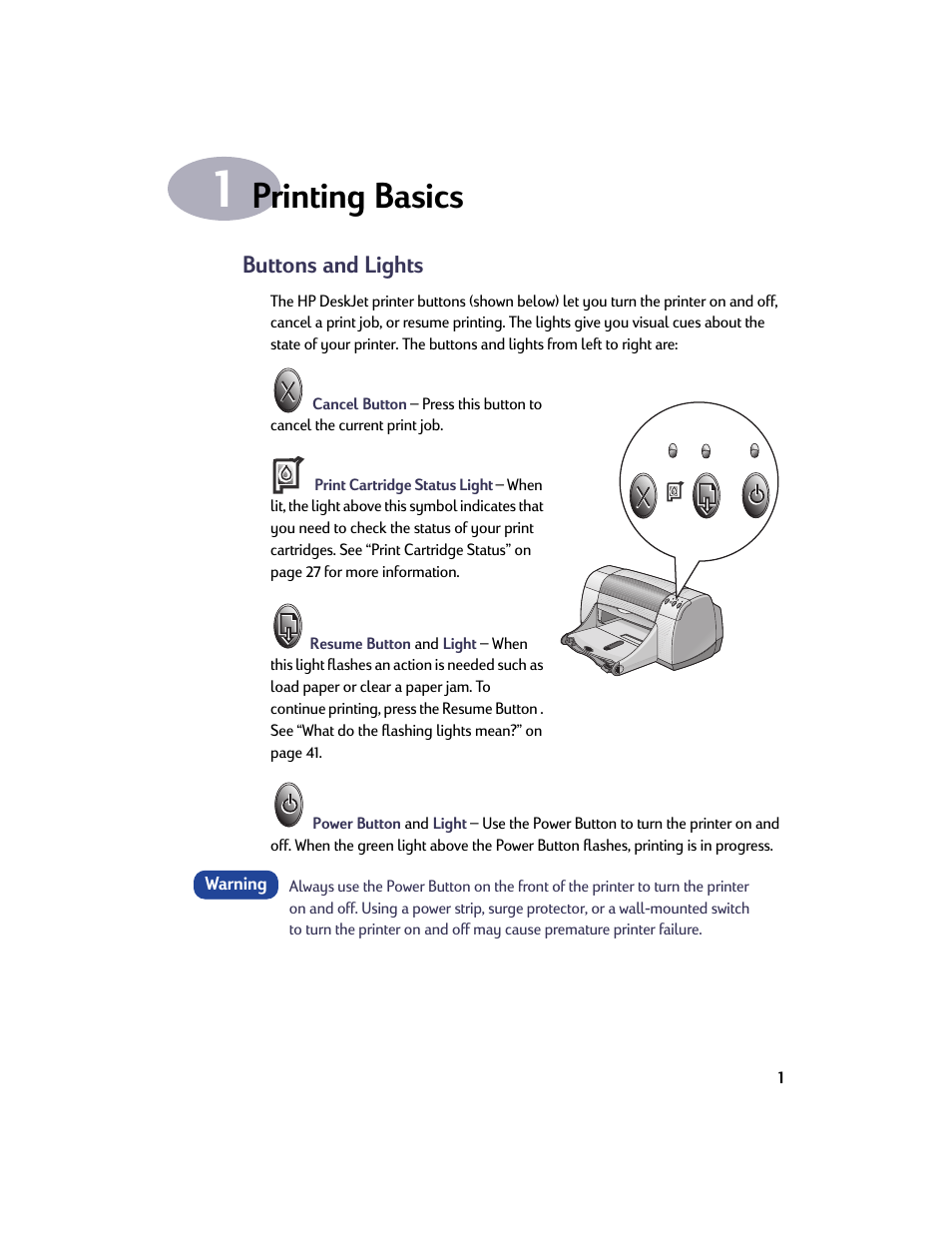 Printing basics, Buttons and lights, Chapter 1 printing basics | HP Deskjet 950c Printer User Manual | Page 8 / 73