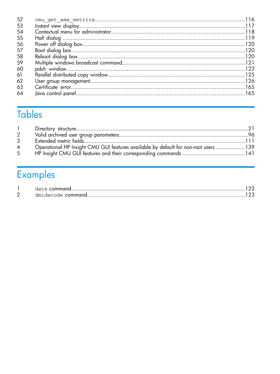 Tables, Examples | HP Insight Cluster Management Utility User Manual | Page 10 / 223