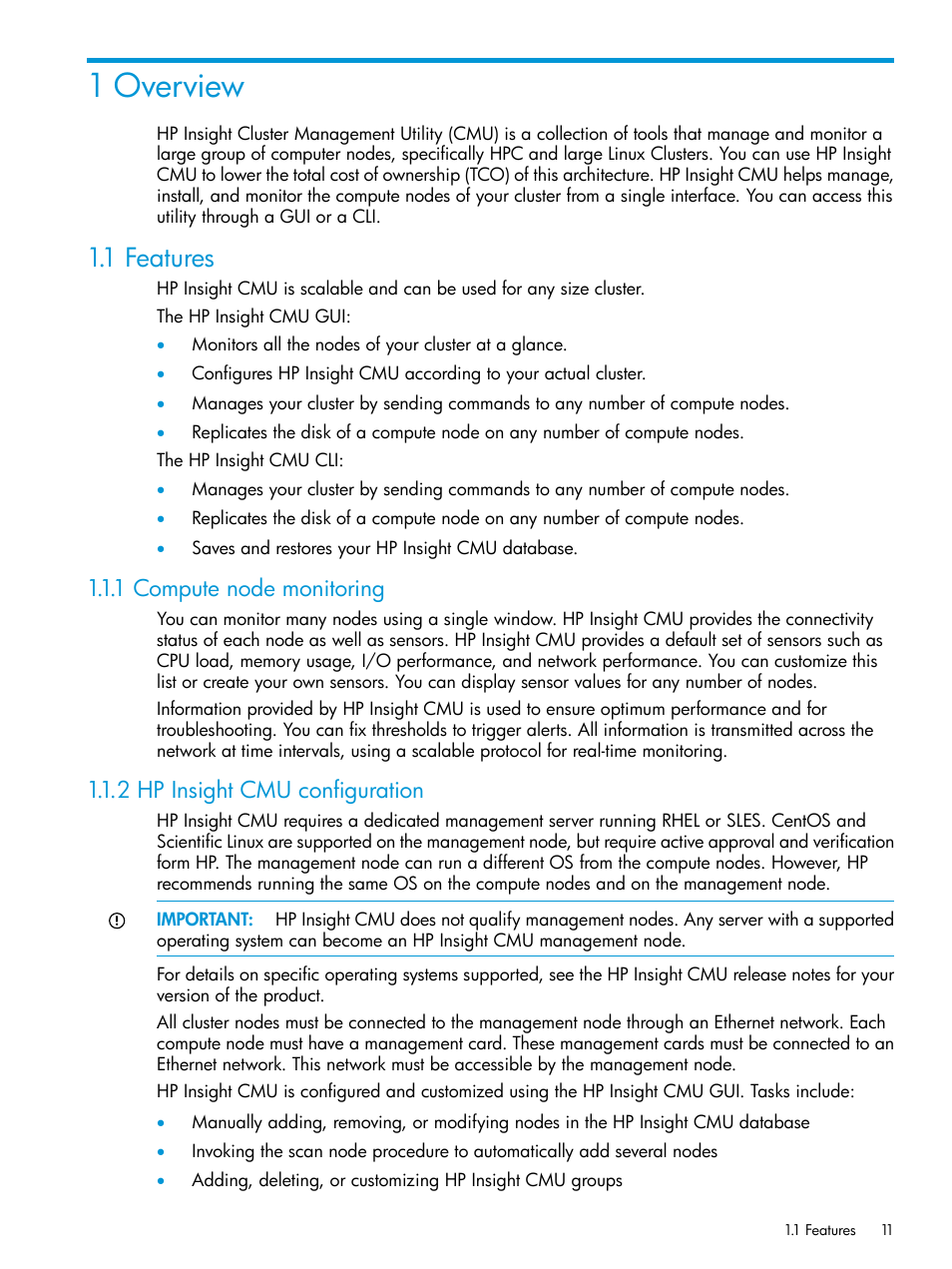 1 overview, 1 features, 1 compute node monitoring | 2 hp insight cmu configuration | HP Insight Cluster Management Utility User Manual | Page 11 / 223