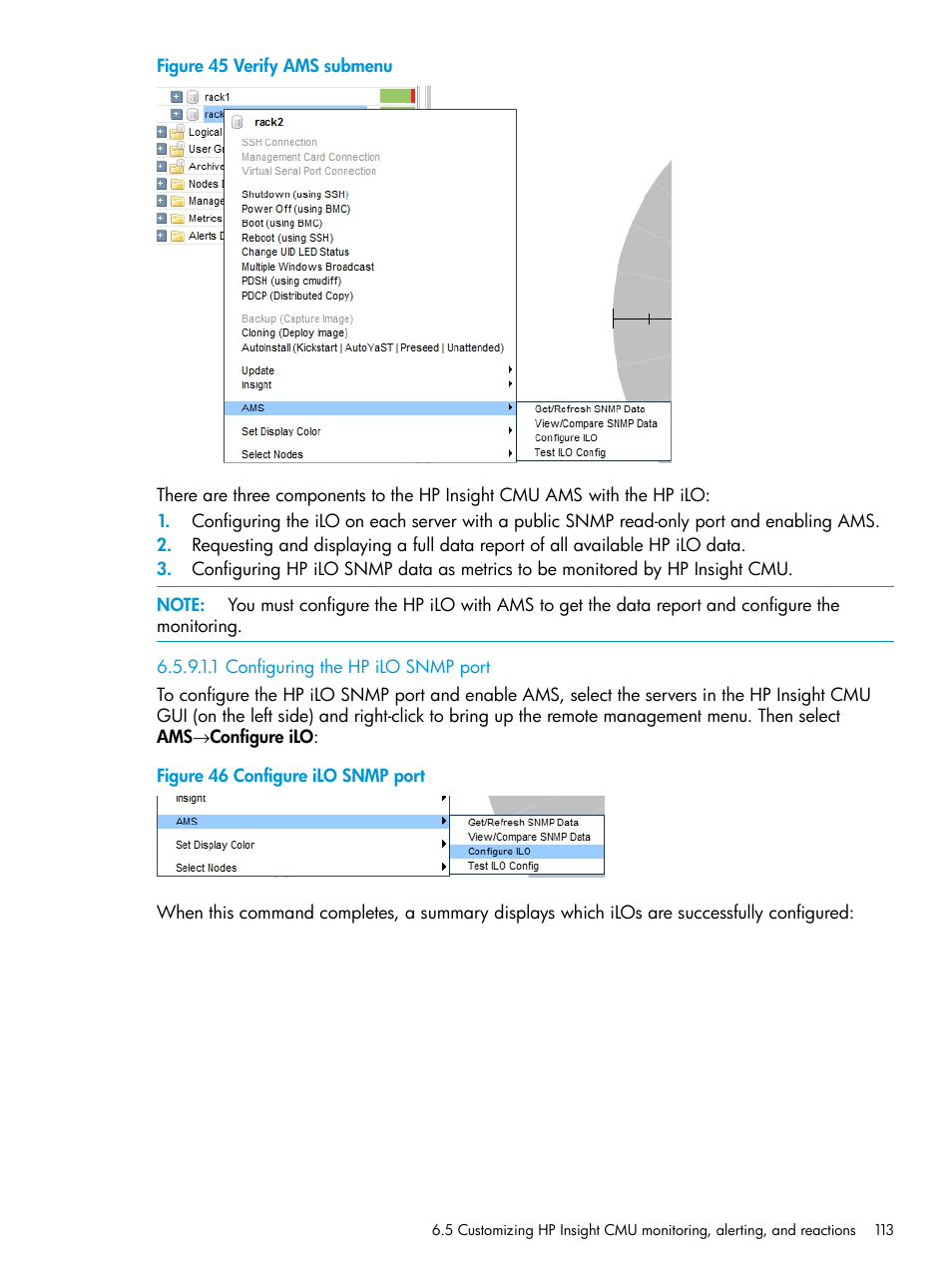 1 configuring the hp ilo snmp port, Verify ams submenu, Configure ilo snmp port | HP Insight Cluster Management Utility User Manual | Page 113 / 223