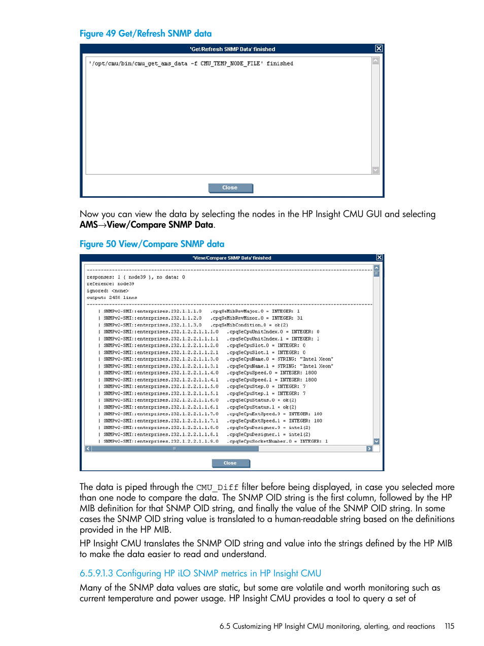 Get/refresh snmp data, View/compare snmp data | HP Insight Cluster Management Utility User Manual | Page 115 / 223