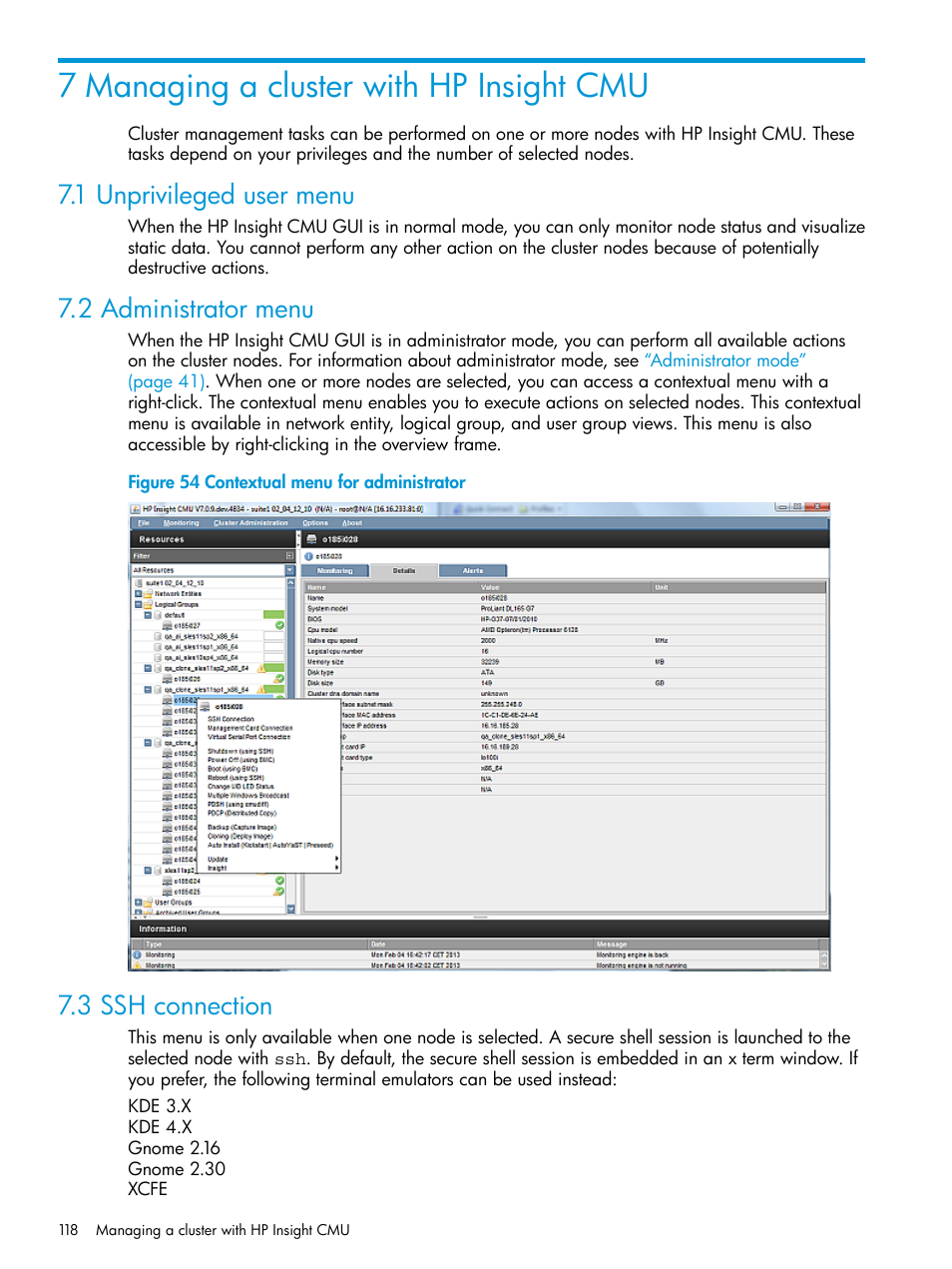 7 managing a cluster with hp insight cmu, 1 unprivileged user menu, 2 administrator menu | 3 ssh connection, Contextual menu for administrator | HP Insight Cluster Management Utility User Manual | Page 118 / 223