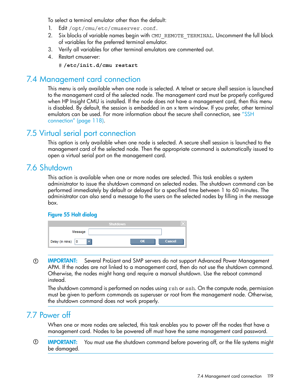 4 management card connection, 5 virtual serial port connection, 6 shutdown | 7 power off, Halt dialog | HP Insight Cluster Management Utility User Manual | Page 119 / 223