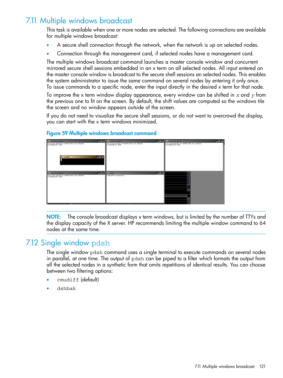 11 multiple windows broadcast, 12 single window pdsh, Multiple windows broadcast command | HP Insight Cluster Management Utility User Manual | Page 121 / 223