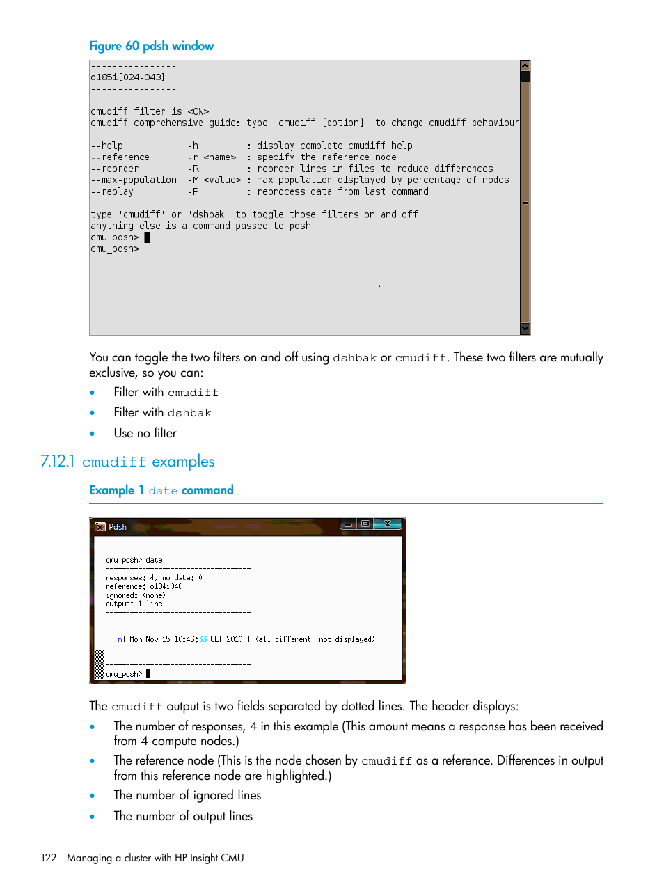 1 cmudiff examples, Pdsh window, Date | Command | HP Insight Cluster Management Utility User Manual | Page 122 / 223