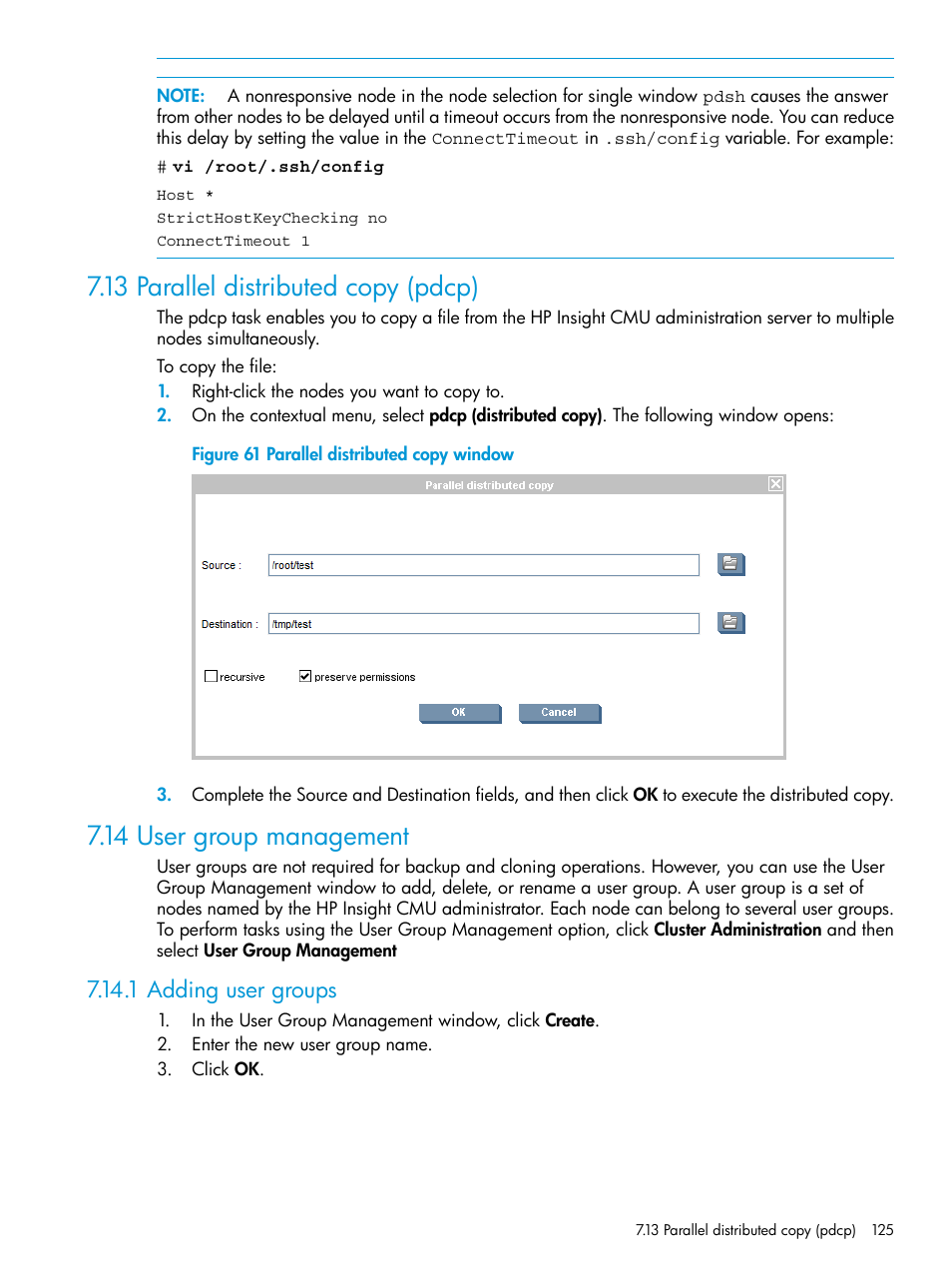 13 parallel distributed copy (pdcp), 14 user group management, 1 adding user groups | Parallel distributed copy window | HP Insight Cluster Management Utility User Manual | Page 125 / 223