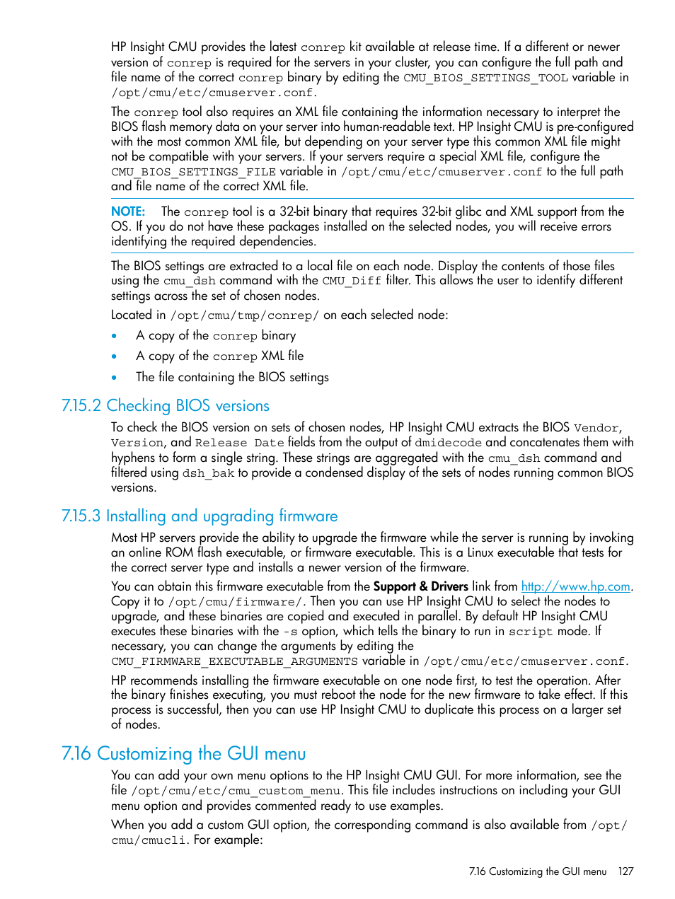 2 checking bios versions, 3 installing and upgrading firmware, 16 customizing the gui menu | HP Insight Cluster Management Utility User Manual | Page 127 / 223