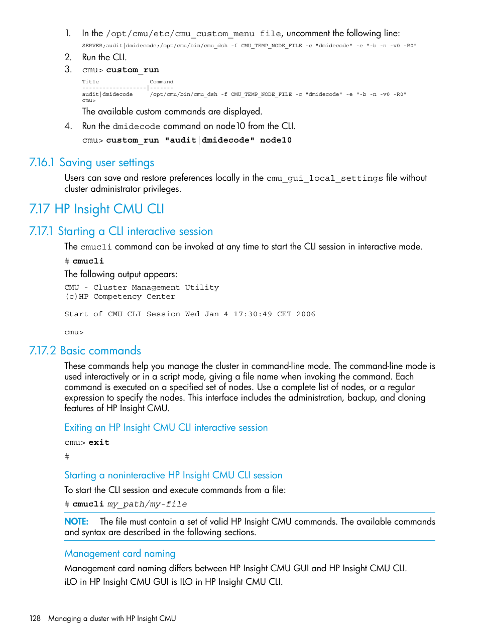 1 saving user settings, 17 hp insight cmu cli, 1 starting a cli interactive session | 2 basic commands | HP Insight Cluster Management Utility User Manual | Page 128 / 223