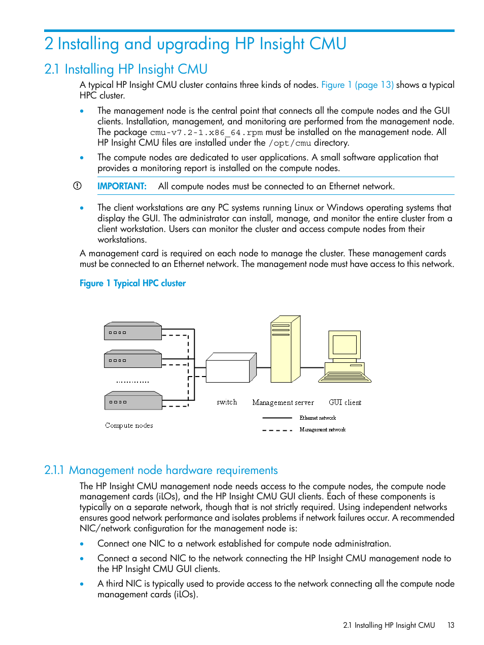 2 installing and upgrading hp insight cmu, 1 installing hp insight cmu, 1 management node hardware requirements | Typical hpc cluster | HP Insight Cluster Management Utility User Manual | Page 13 / 223