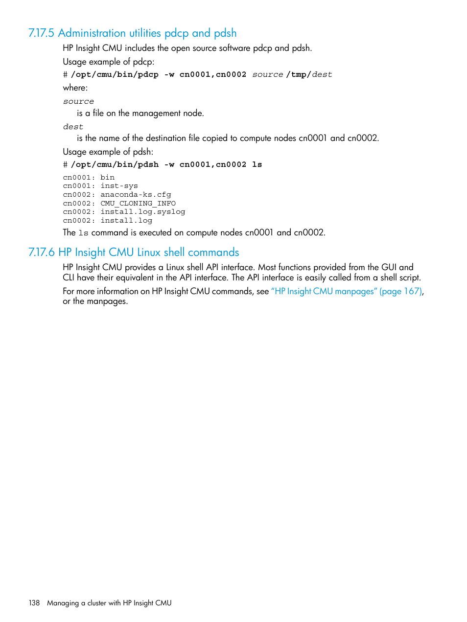 5 administration utilities pdcp and pdsh, 6 hp insight cmu linux shell commands | HP Insight Cluster Management Utility User Manual | Page 138 / 223