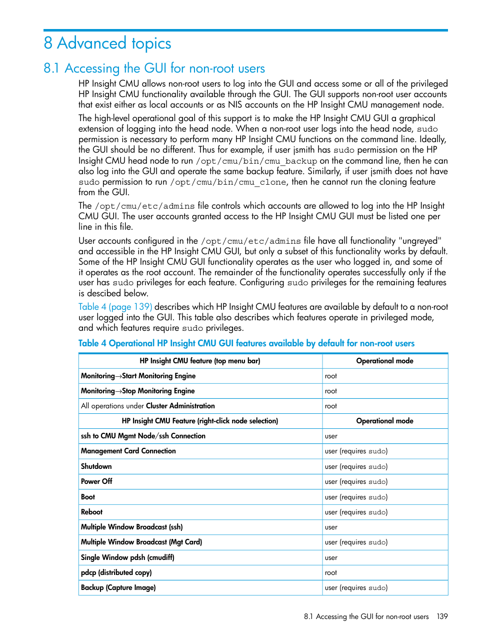 8 advanced topics, 1 accessing the gui for non-root users | HP Insight Cluster Management Utility User Manual | Page 139 / 223