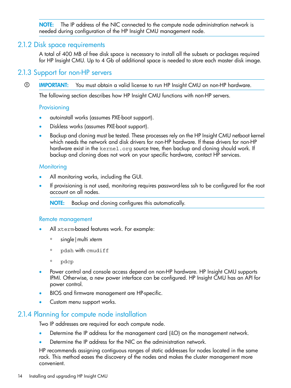 2 disk space requirements, 3 support for non-hp servers, 4 planning for compute node installation | HP Insight Cluster Management Utility User Manual | Page 14 / 223