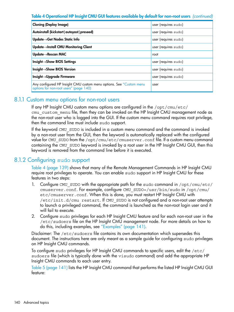 1 custom menu options for non-root users, 2 configuring sudo support | HP Insight Cluster Management Utility User Manual | Page 140 / 223