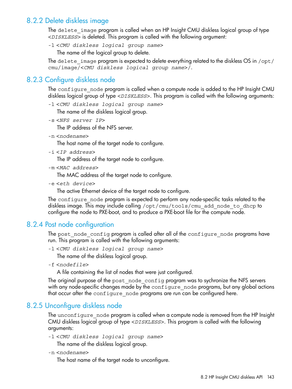 2 delete diskless image, 3 configure diskless node, 4 post node configuration | 5 unconfigure diskless node | HP Insight Cluster Management Utility User Manual | Page 143 / 223