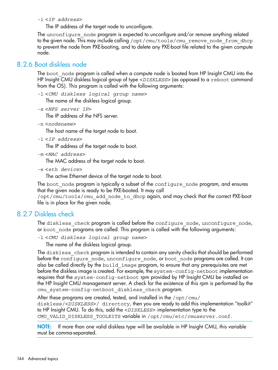 6 boot diskless node, 7 diskless check, 6 boot diskless node 8.2.7 diskless check | HP Insight Cluster Management Utility User Manual | Page 144 / 223