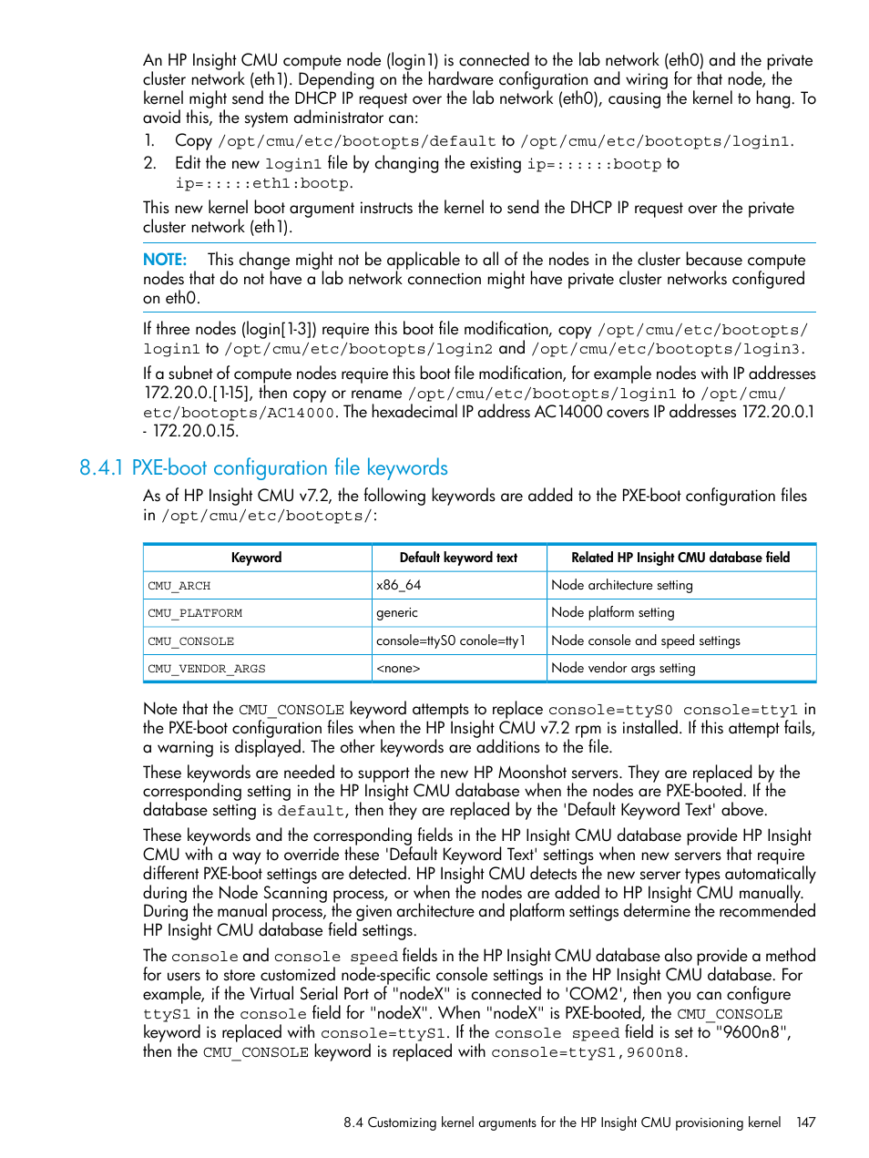 1 pxe-boot configuration file keywords | HP Insight Cluster Management Utility User Manual | Page 147 / 223