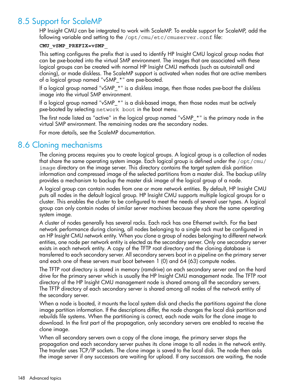 5 support for scalemp, 6 cloning mechanisms, 5 support for scalemp 8.6 cloning mechanisms | HP Insight Cluster Management Utility User Manual | Page 148 / 223