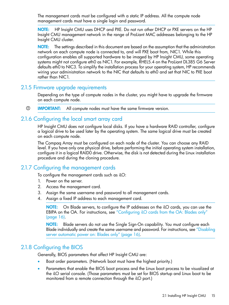 5 firmware upgrade requirements, 6 configuring the local smart array card, 7 configuring the management cards | 8 configuring the bios | HP Insight Cluster Management Utility User Manual | Page 15 / 223