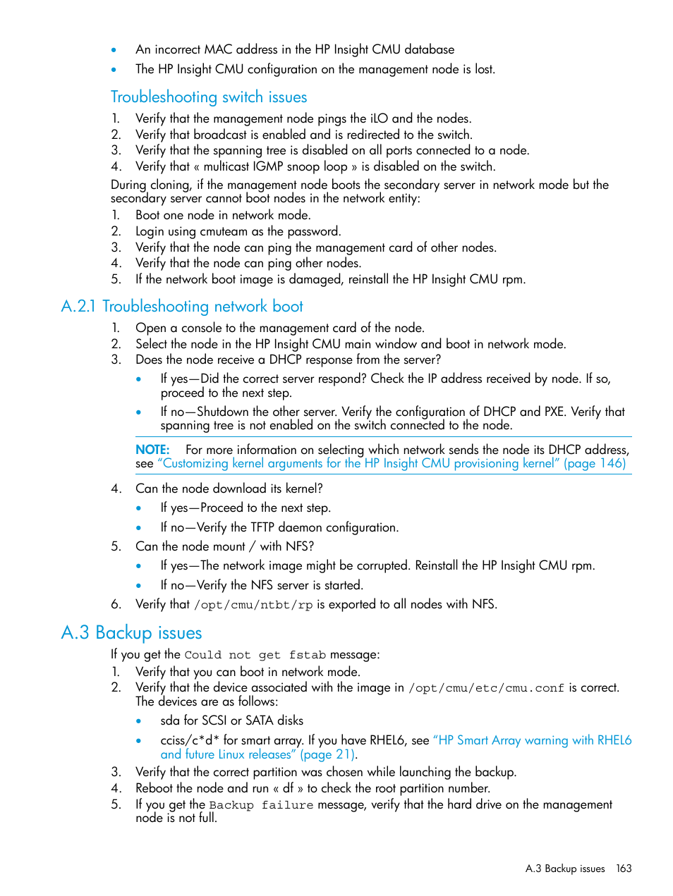 A.2.1 troubleshooting network boot, A.3 backup issues, Troubleshooting switch issues | HP Insight Cluster Management Utility User Manual | Page 163 / 223