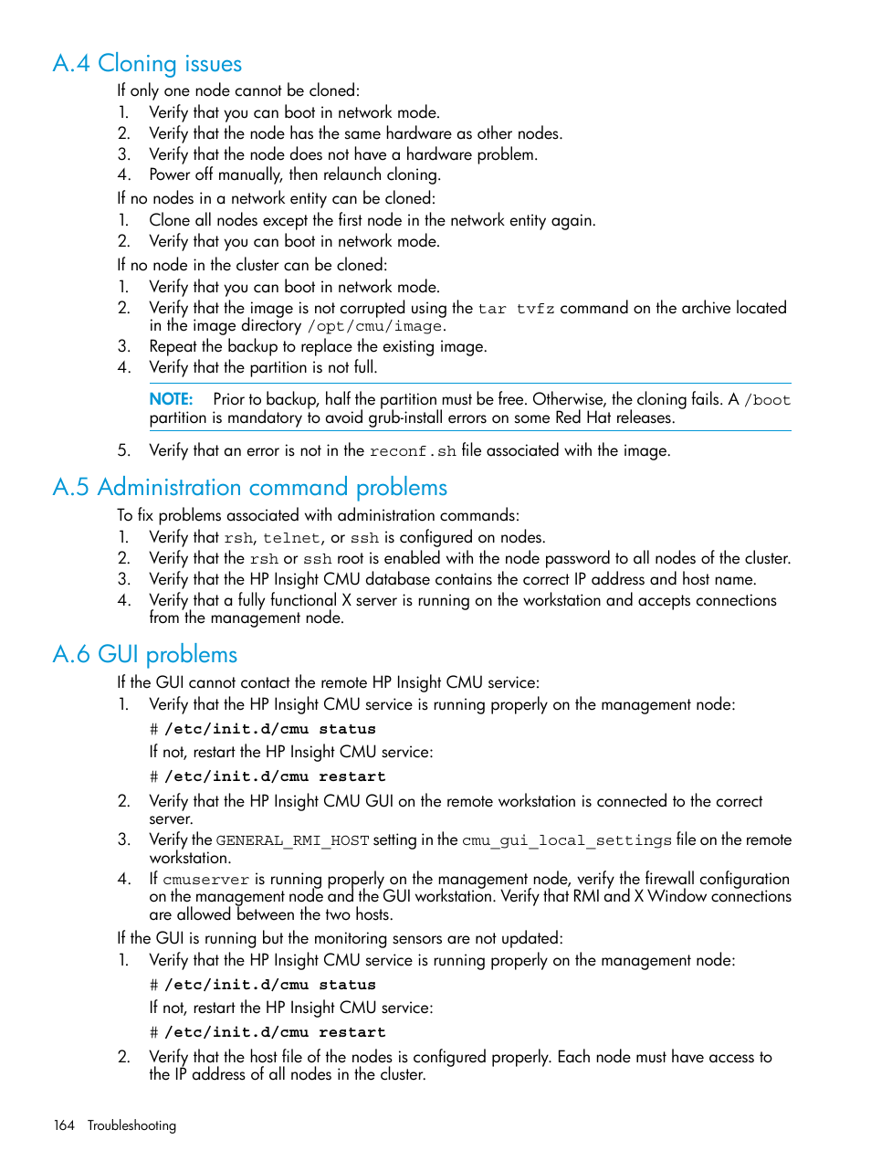 A.4 cloning issues, A.5 administration command problems, A.6 gui problems | HP Insight Cluster Management Utility User Manual | Page 164 / 223