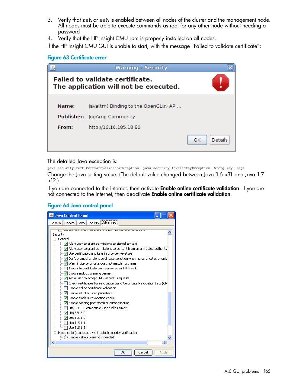 Certificate error, Java control panel | HP Insight Cluster Management Utility User Manual | Page 165 / 223