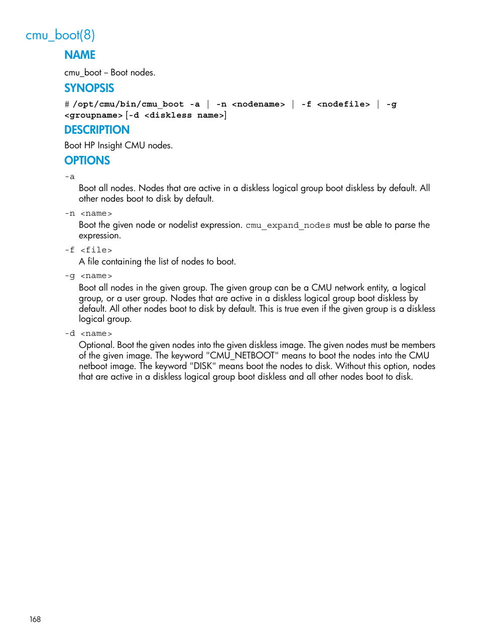 Cmu_boot(8), Name, Synopsis | Description, Options | HP Insight Cluster Management Utility User Manual | Page 168 / 223