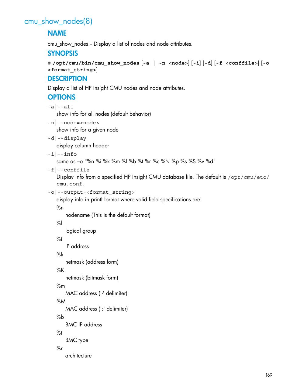 Cmu_show_nodes(8), Name, Synopsis | Description, Options | HP Insight Cluster Management Utility User Manual | Page 169 / 223